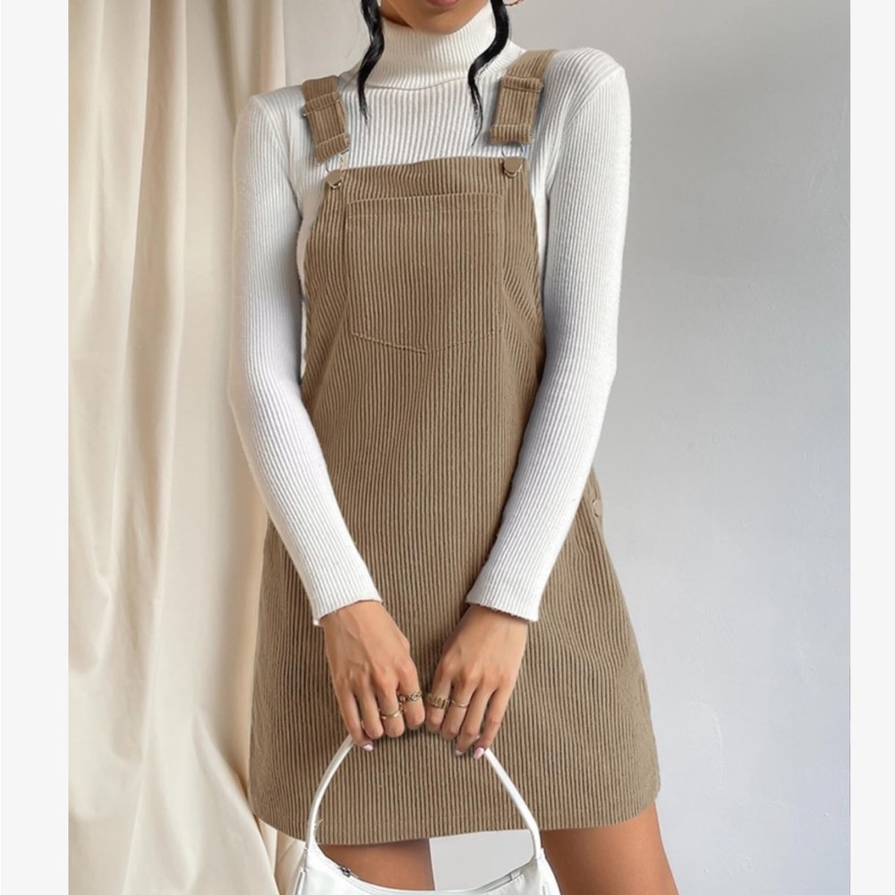 Classic Elegant Corduroy Solid Pocket Jumper Overall Dress Without Sweater - Picture 13 of 15